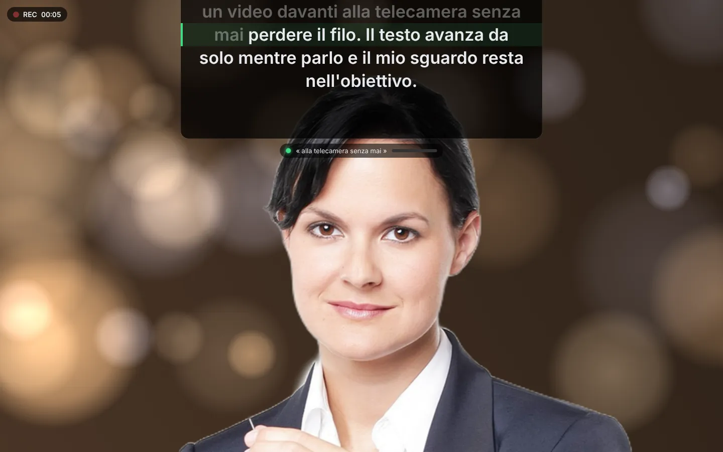 Il gobbo KueCam segue la voce durante la registrazione, su sfondo virtuale